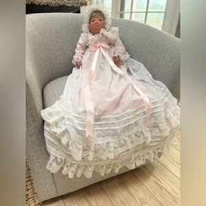 Lee Middleton Reva Schick Baby Doll Pink Lace Christening Gown 1996 Signed
